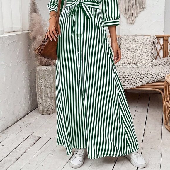 Green Boho Womens Striped Belted Shirt Dress - Picture 5 of 5